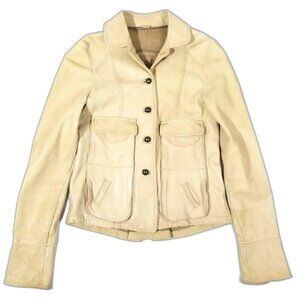 VINTAGE Vegetable Tan Genuine Leather Cargo Button Down Jacket Womens XS Minimal